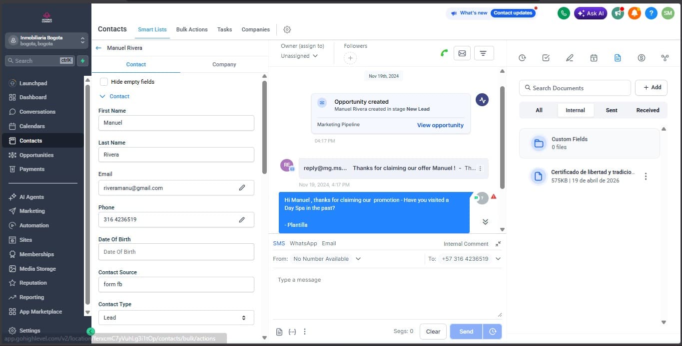 Centro de conversaciones de Octopus Connect — chat, contacto y documentos unificados