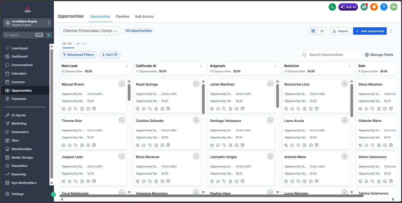 Pipeline de oportunidades de Octopus Connect con leads calificados por IA